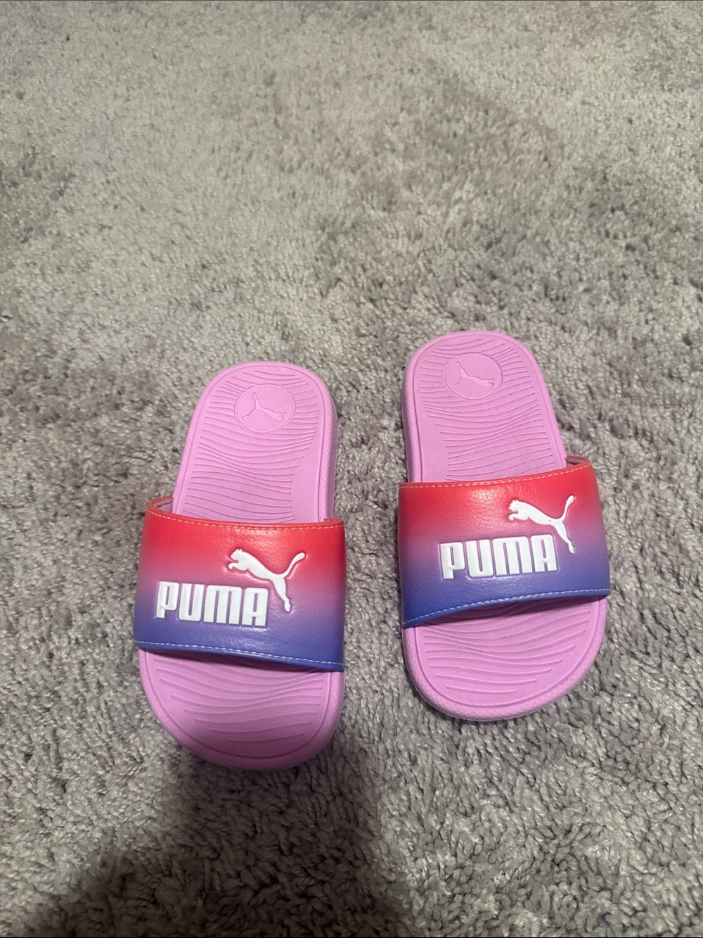 Puma Pink Slides with Red-to-Blue Gradient Straps